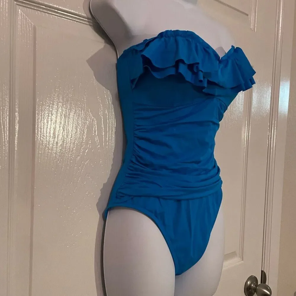 La Blanca Size 10 Ruffle Bandeau One Piece Bikini Swimsuit Blue